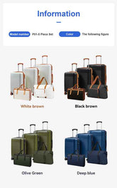 Set of four hard-shell suitcases with orange accents, two in white and two in black, featuring telescoping handles and spinner wheels for travel.