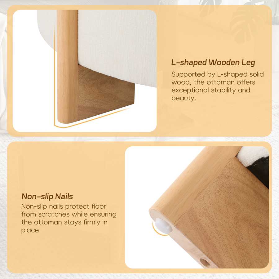 Ottoman with L-shaped wooden leg and non-slip nails feature on a beige background