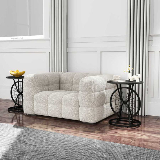 2 Piece Vintage Industrial Wheel Design Side Table, Round Accent Table with Metal Frame, Rustic Coffee Table for Living Room, Bedroom, and Office