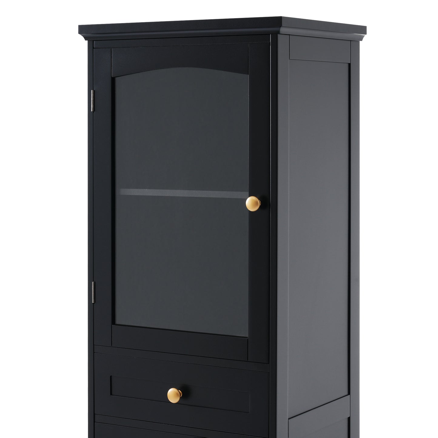 63" Tall Bathroom Storage Cabinet with Glass Doors, Free-Standing, Two Drawers, and Adjustable Shelves, MDF Board, Painted Black