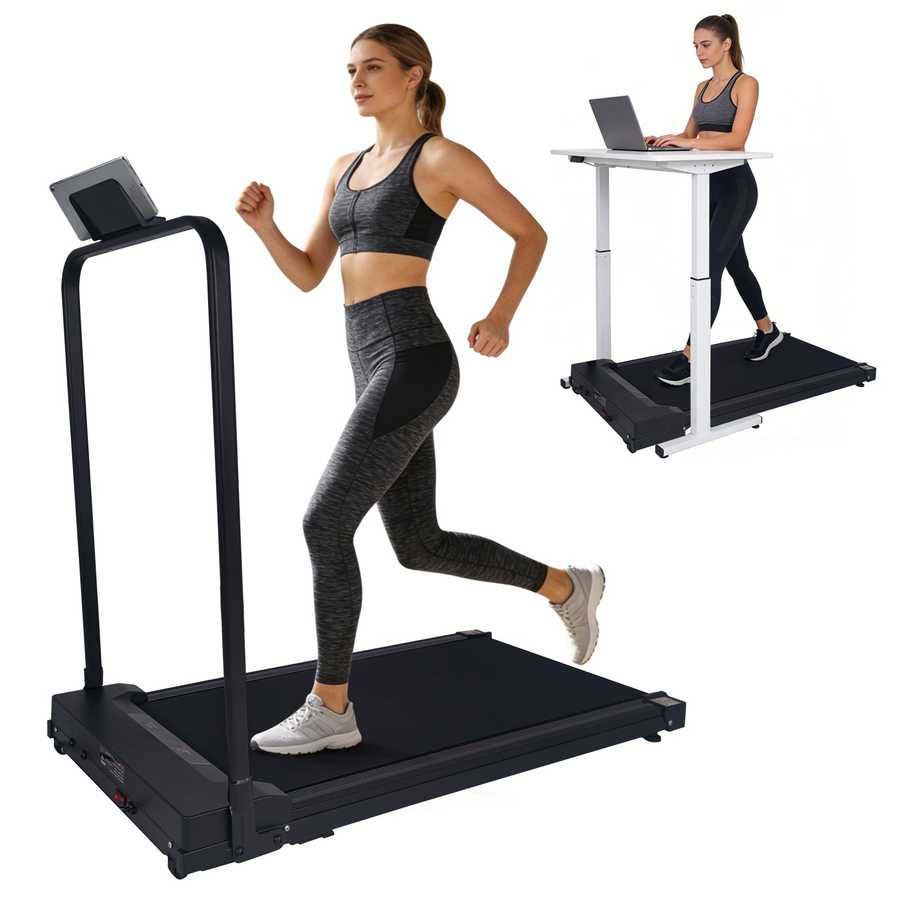 Woman running on treadmill with remote control for fitness