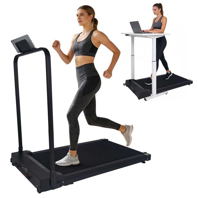 Woman running on treadmill with remote control for fitness
