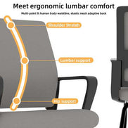 Ergonomic office chair with highlighted lumbar support and shoulder stretch features on a white background.
