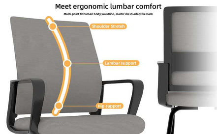 Ergonomic office chair with highlighted lumbar support and shoulder stretch features on a white background.