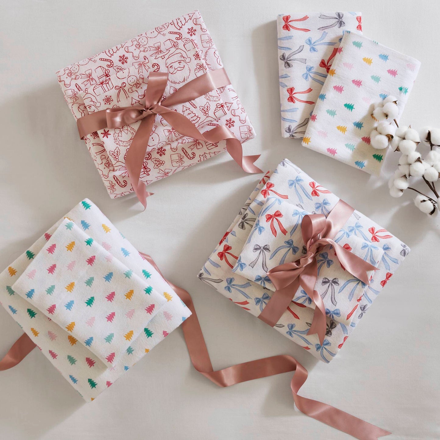 Gift-wrapped Twin XL Cotton Flannel Sheet Sets including Happy Bows design, perfect for students and families seeking cozy bedding.