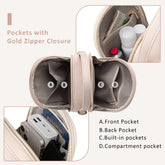 Multifunctional pouch with gold zipper closure showing different pockets.