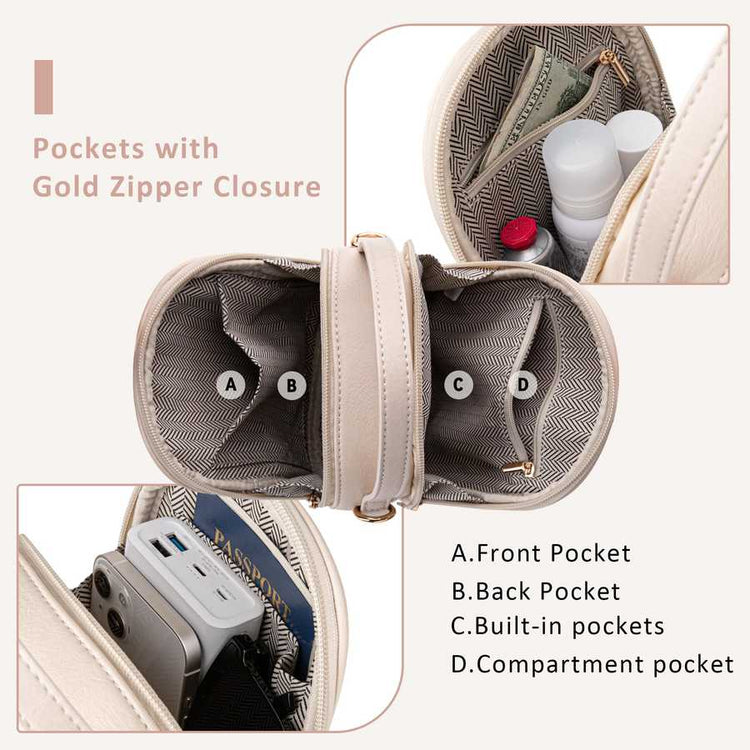 Multifunctional pouch with gold zipper closure showing different pockets.