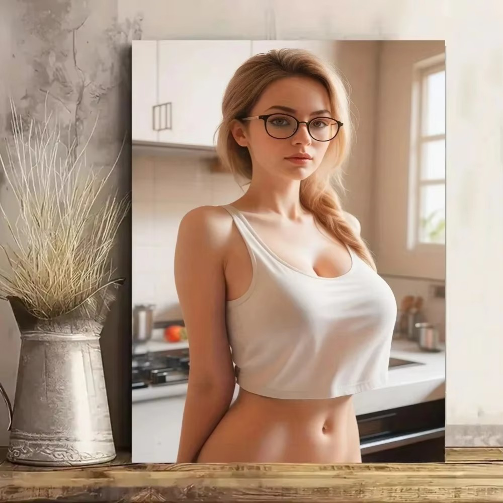 Modern aluminum metal wall art featuring a woman in a white tank top, ideal for contemporary living room décor. Adds a bold, modern aesthetic.