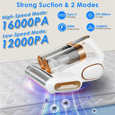 Cordless Mattress Vacuum Cleaner with 16000PA high-speed and 12000PA low-speed suction modes, UVC light, and 200W power.