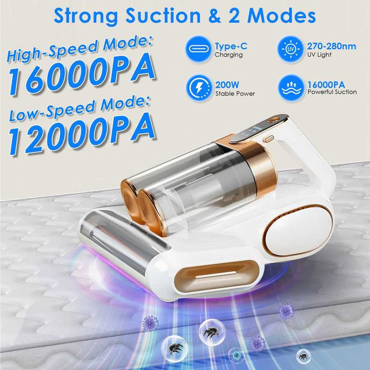 Cordless Mattress Vacuum Cleaner with 16000PA high-speed and 12000PA low-speed suction modes, UVC light, and 200W power.