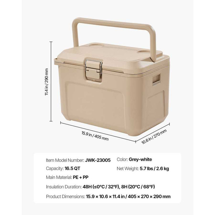 Beige cooler box with dimensions and specifications on a white background