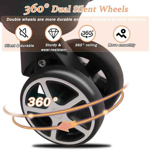 Close-up of a black wheel with 360-degree dual silent wheels feature, showcasing durability, smooth rolling, and wear resistance.