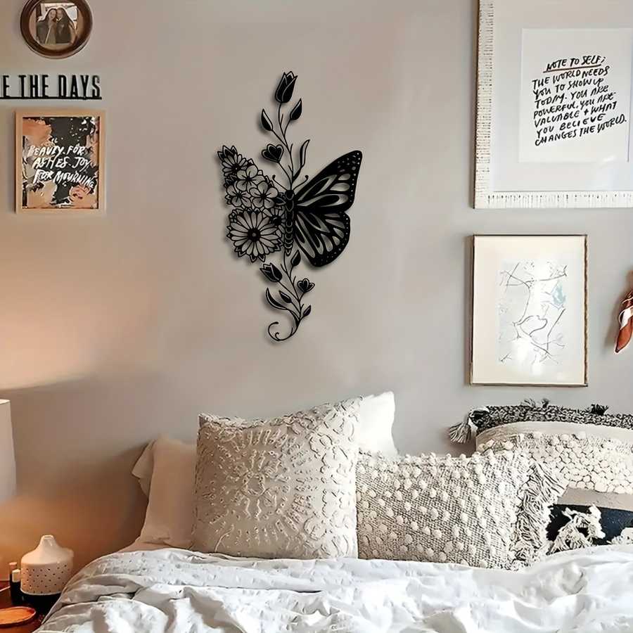 Aluminum butterfly wall art above a cozy bed with textured pillows, enhancing rustic bedroom decor.