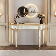 Elegant Half-Moon Mirrored Console Table in a luxurious hallway setup with ambient lighting and floral arrangement.