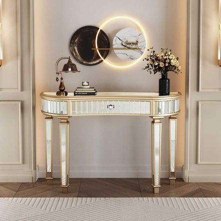 Elegant Half-Moon Mirrored Console Table in a luxurious hallway setup with ambient lighting and floral arrangement.