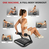 Woman using a multi-function exercise machine with various workout illustrations on a gray background