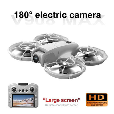 White drone with camera and remote control on a white background, featuring '180° electric camera' text.