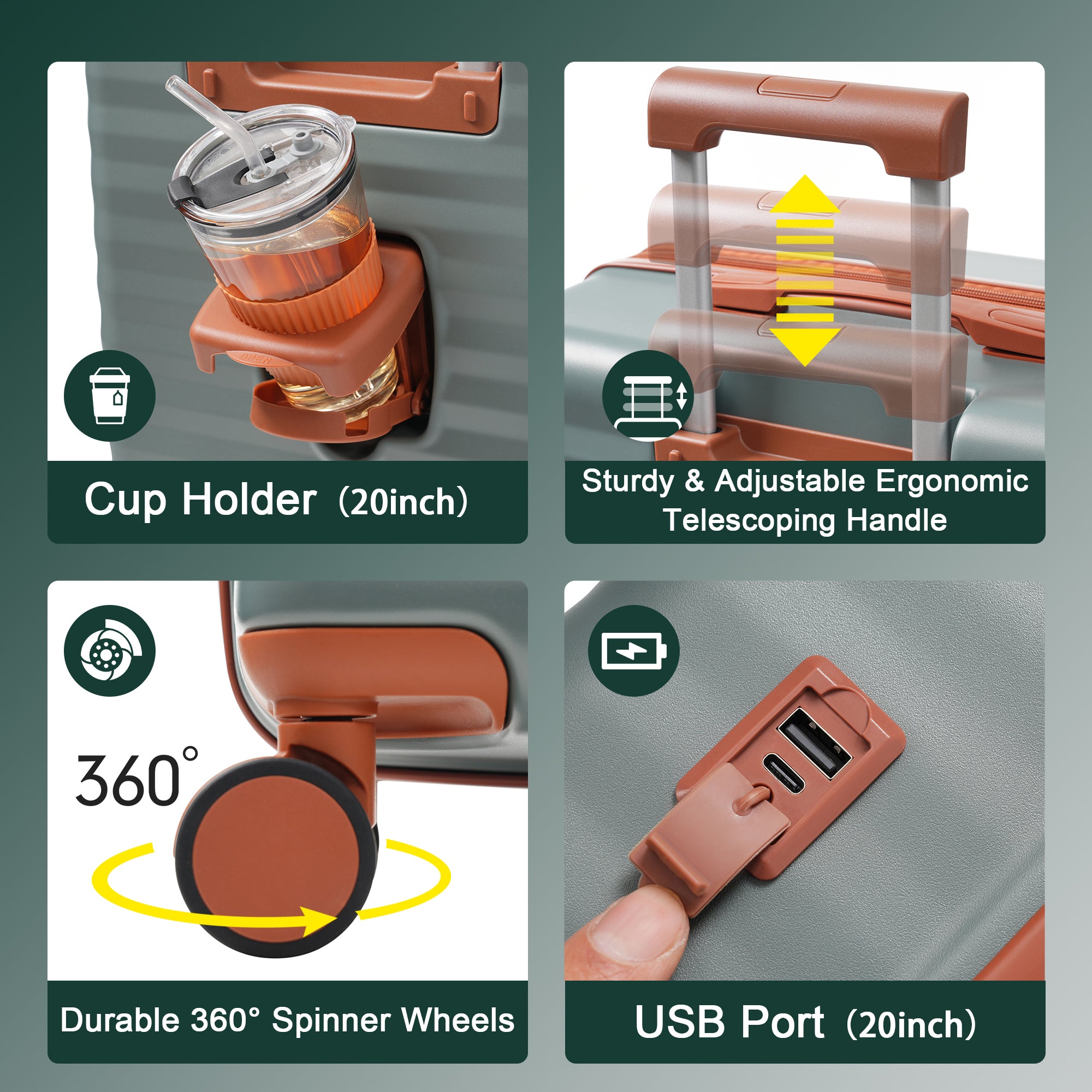 Luggage Sets 5 Piece with Front Opening , Hardside Expandable Carry on Suitcase with Spinner Wheels TSA Lock USB Port Cup Holder Duffel Bag and Toiletry Bag