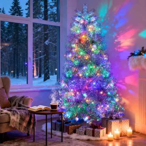 A decorated Christmas tree with multicolored lights stands in a cozy living room corner beside a window showing a snowy outdoor view. Presents are placed at the base, along with candles and a small table with an open book and a steaming cup.