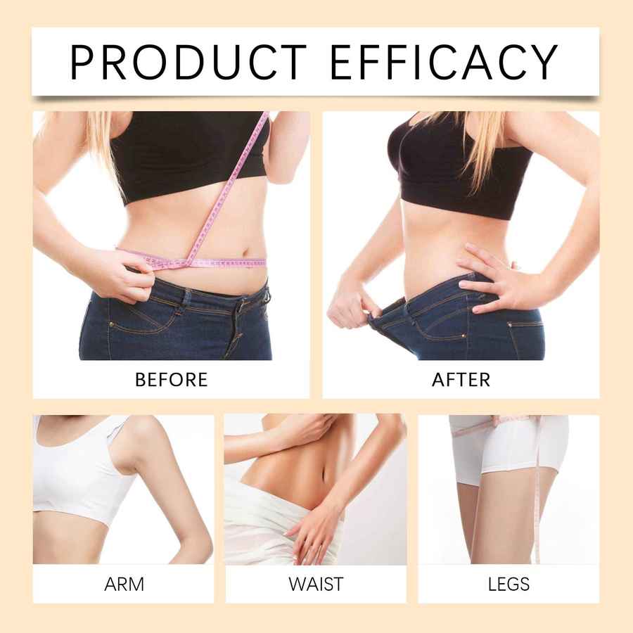 Product efficacy before and after images showing arm, waist, and leg reductions.