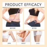 Product efficacy before and after images showing arm, waist, and leg reductions.
