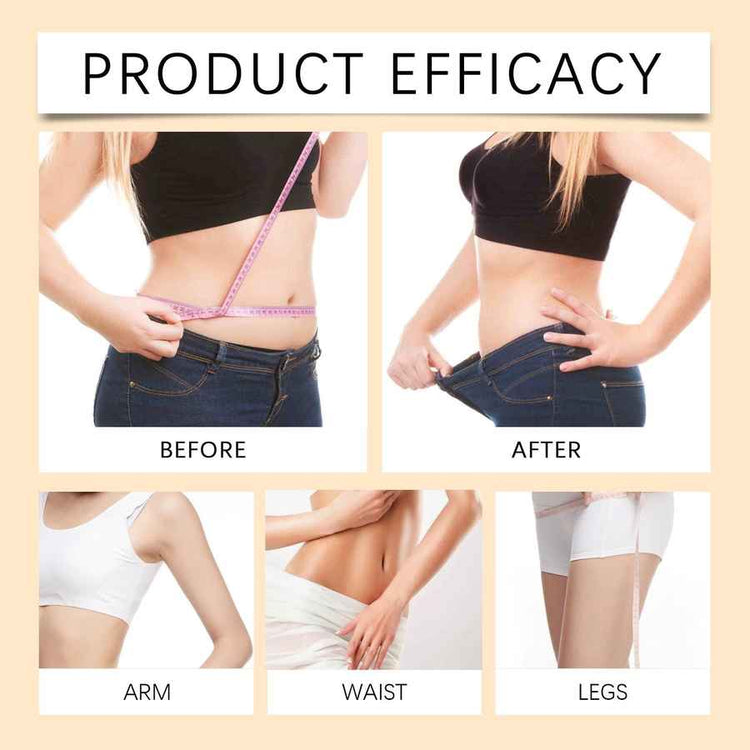 Product efficacy before and after images showing arm, waist, and leg reductions.