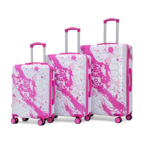 Set of three pink printed spinner luggage suitcases in 20, 24, and 28 inches with durable PC material, pink wheels, and handle, ideal for travel.