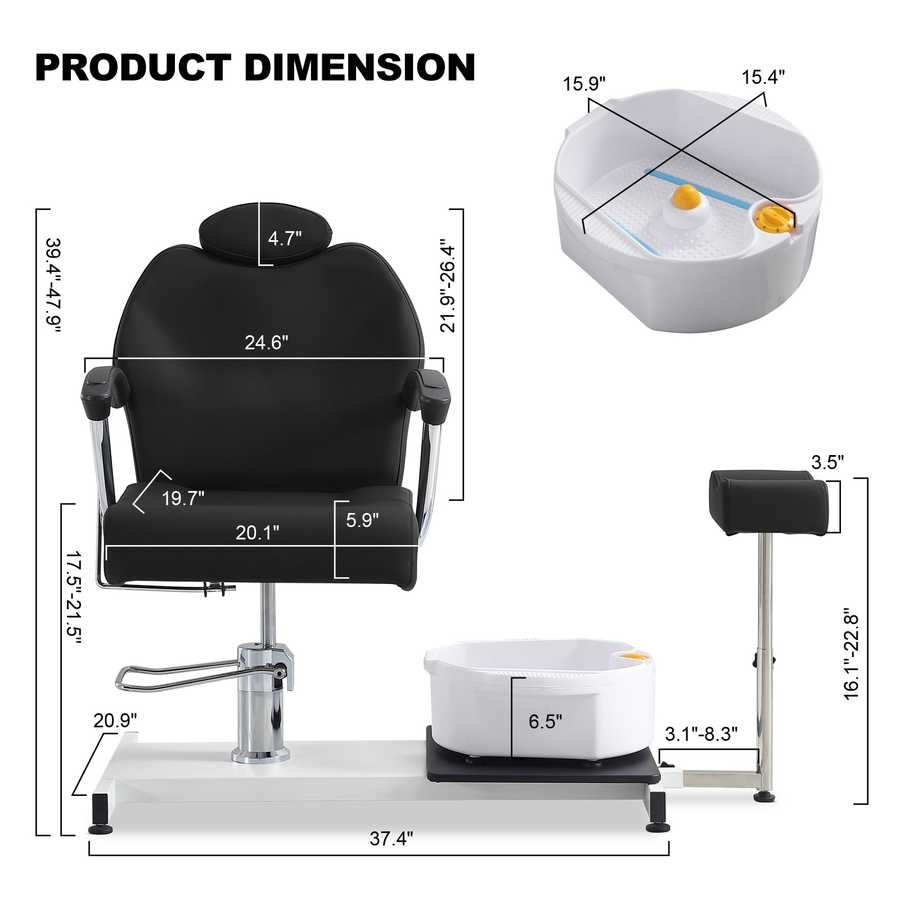 Dimensions of a salon chair and foot bath with measurements labeled.
