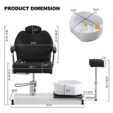 Dimensions of a salon chair and foot bath with measurements labeled.