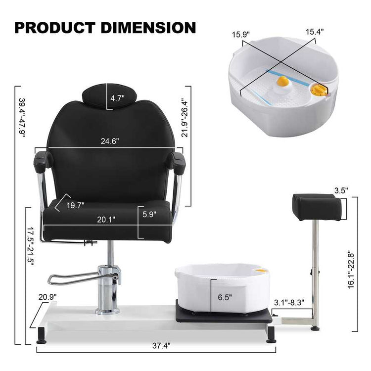Dimensions of a salon chair and foot bath with measurements labeled.