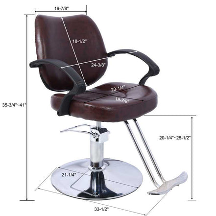 Heavy Duty Barber Chair - Hydraulic Pump with dimensions, showcasing ergonomic PU seat, chrome base, and adjustable height for salon use.