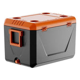Gray and orange storage box with multiple holes on a white background