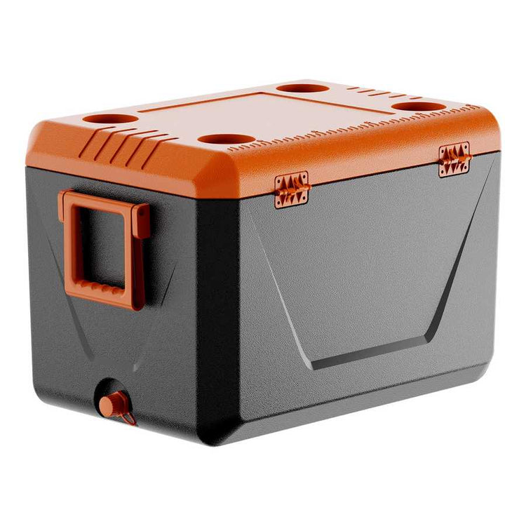 Gray and orange storage box with multiple holes on a white background