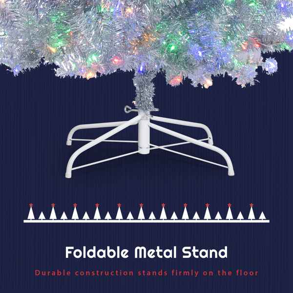 Foldable metal stand supporting a decorated Christmas tree on a dark blue background