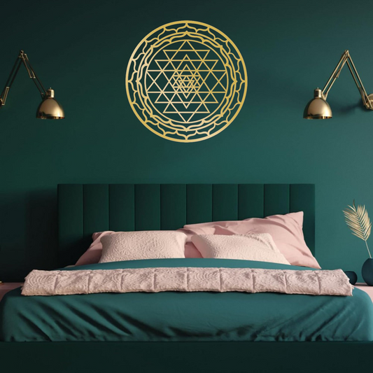 CIFbuy Aluminum Wall Art - Sacred Mandala Wall Art displayed above a green bed in a modern bedroom. Ideal for spiritual home decor.