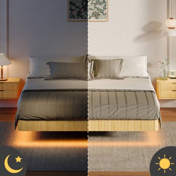 King Floating Bed Frame with LED Lights shown in day and night settings, highlighting warm LED glow and modern bedroom appeal.