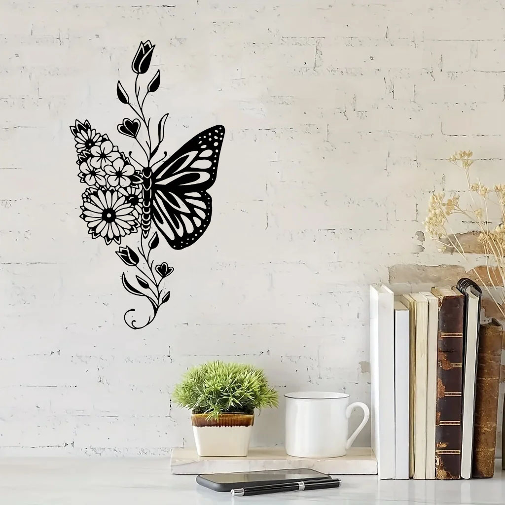 Aluminum butterfly wall art with floral design mounted on a white brick wall, ideal for farmhouse-style home decor.