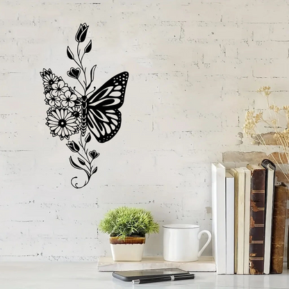 Aluminum butterfly wall art with floral design mounted on a white brick wall, ideal for farmhouse-style home decor.