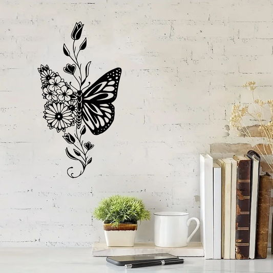 Aluminum butterfly wall art with floral design mounted on a white brick wall, ideal for farmhouse-style home decor.