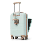 A mint green hardshell spinner suitcase with beige accents, featuring a built-in bottle holder on the front and an extended telescoping handle, shown on a white background.