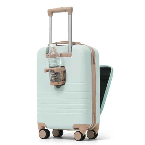 A mint green hardshell spinner suitcase with beige accents, featuring a built-in bottle holder on the front and an extended telescoping handle, shown on a white background.