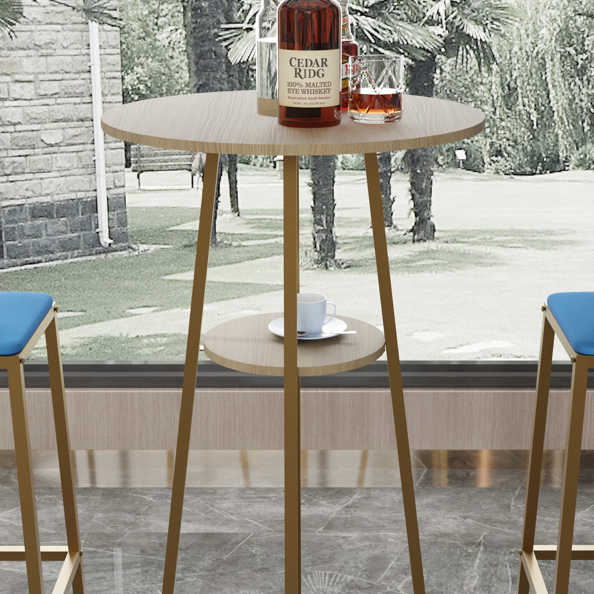 Detail view of Bar Table with gold legs and round wood top, includes a lower shelf for storage, part of a 2-person dining set.