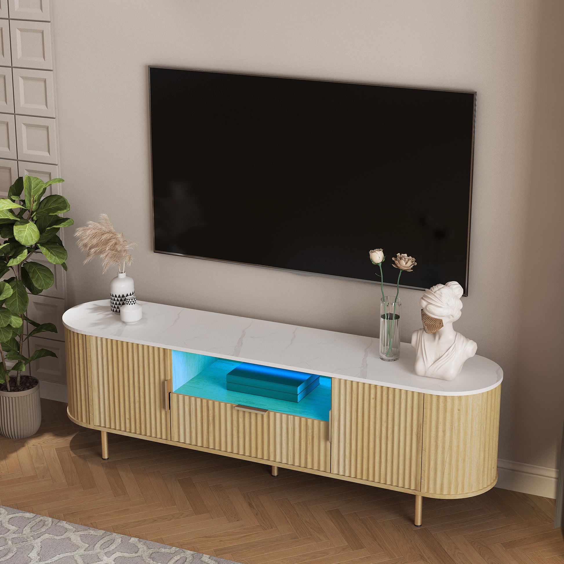 Angled top view of LED TV Stand with Storage for 55+ Inch TVs, highlighting marble-effect top and central LED-lit compartment.