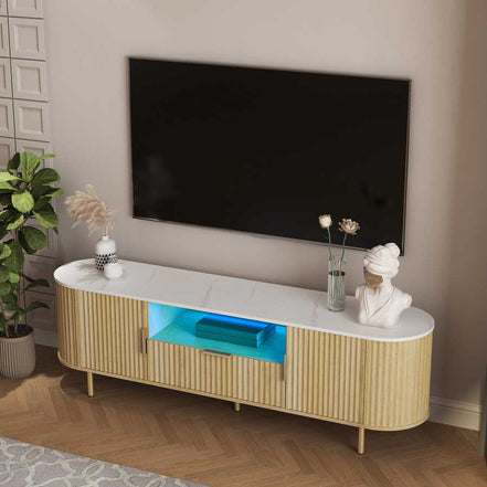 Angled top view of LED TV Stand with Storage for 55+ Inch TVs, highlighting marble-effect top and central LED-lit compartment.