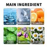 List of main ingredients including water, niacinamide, vitamin C, asiatica extract, allantoin, and chamomile extract on a white background.
