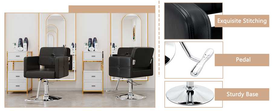 Black salon chair with adjustable height, sturdy chrome base, and ergonomic design