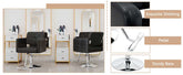 Black salon chair with adjustable height, sturdy chrome base, and ergonomic design