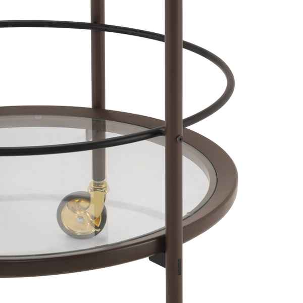 Round glass table with metal frame and wheels on a white background