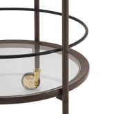 Round glass table with metal frame and wheels on a white background