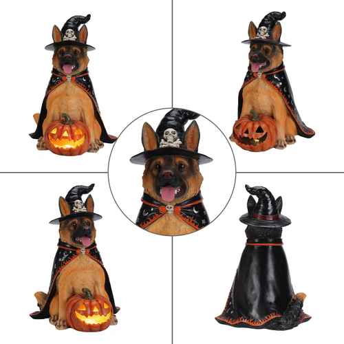 Halloween dog figurine shown from multiple angles on a white background, featuring a German Shepherd dressed as a witch with a black pointed hat, black cape with orange trim, and a carved glowing pumpkin.